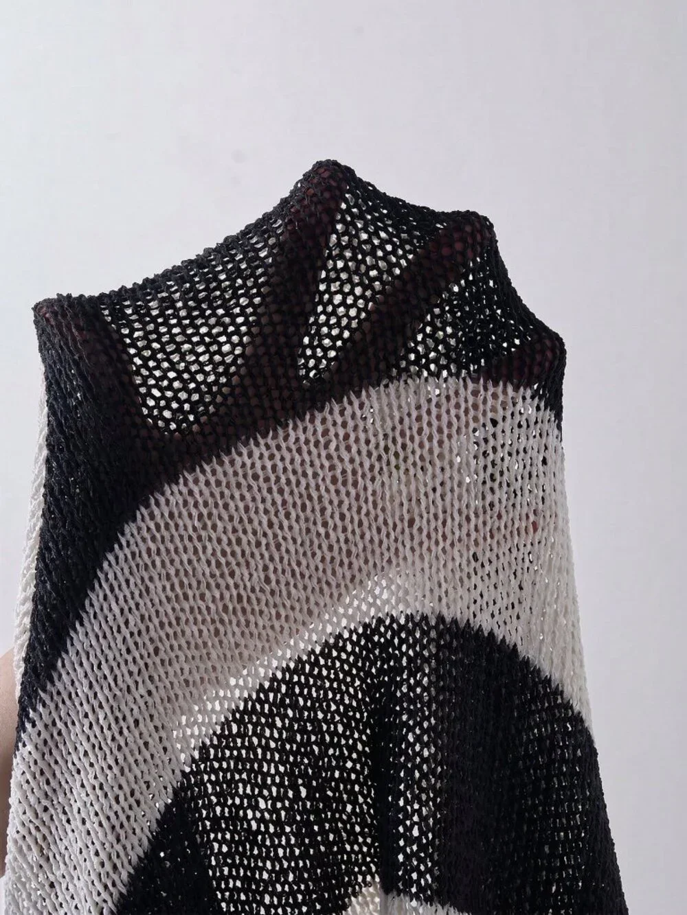 Black and White Oversized Casual Women's Cold Shoulder Pointelle knit pullover